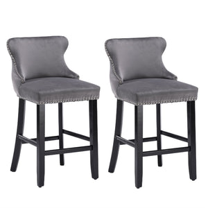 NNEDSZ 2x Velvet Upholstered Button Tufted Bar Stools with Wood Legs and Studs-Grey