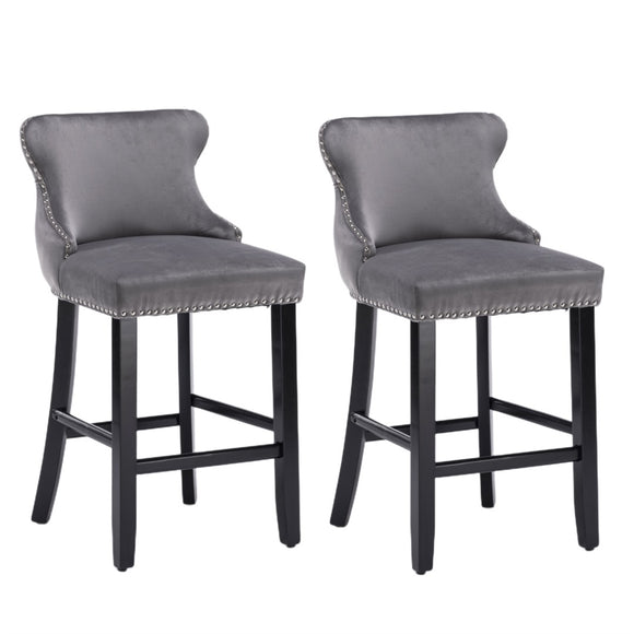 NNEDSZ 2x Velvet Upholstered Button Tufted Bar Stools with Wood Legs and Studs-Grey