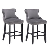 NNEDSZ 2x Velvet Upholstered Button Tufted Bar Stools with Wood Legs and Studs-Grey