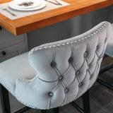 NNEDSZ 2x Velvet Upholstered Button Tufted Bar Stools with Wood Legs and Studs-Grey
