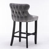 NNEDSZ 2x Velvet Upholstered Button Tufted Bar Stools with Wood Legs and Studs-Grey