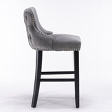 NNEDSZ 2x Velvet Upholstered Button Tufted Bar Stools with Wood Legs and Studs-Grey