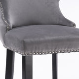NNEDSZ 2x Velvet Upholstered Button Tufted Bar Stools with Wood Legs and Studs-Grey