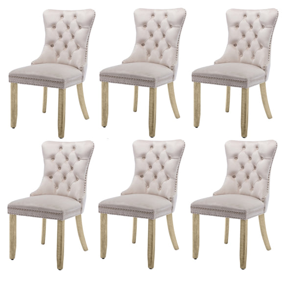 NNEDSZ 6x Velvet Dining Chairs Upholstered Tufted Kithcen Chair with Solid Wood Legs Stud Trim and Ring-Beige