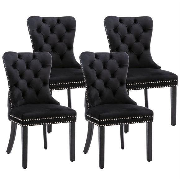 NNEDSZ 4x Velvet Dining Chairs Upholstered Tufted Kithcen Chair with Solid Wood Legs Stud Trim and Ring-Black