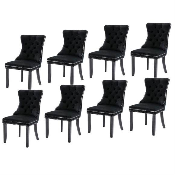 NNEDSZ 8x Velvet Dining Chairs Upholstered Tufted Kithcen Chair with Solid Wood Legs Stud Trim and Ring-Black