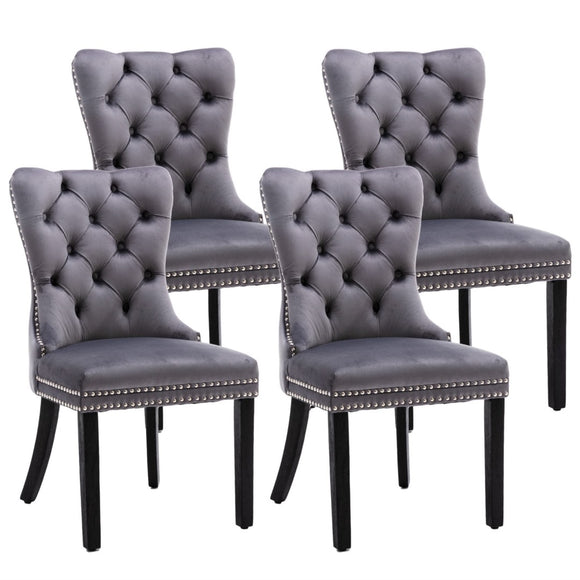NNEDSZ 4x Velvet Dining Chairs Upholstered Tufted Kithcen Chair with Solid Wood Legs Stud Trim and Ring-Gray
