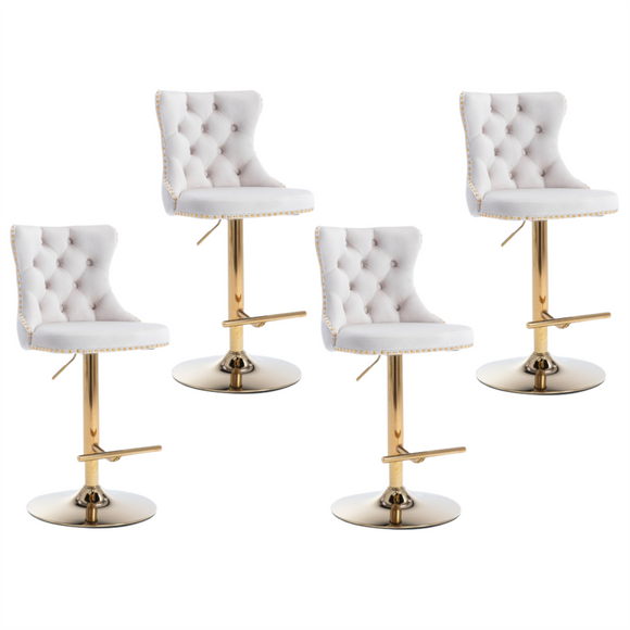 NNEDSZ 4x Height Adjustable Swivel Bar Stool Velvet Studs Barstool with Footrest and Golden Base- Beige