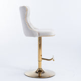 NNEDSZ 2x Height Adjustable Swivel Bar Stool Velvet Studs Barstool with Footrest and Golden Base- Beige