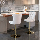 NNEDSZ 2x Height Adjustable Swivel Bar Stool Velvet Studs Barstool with Footrest and Golden Base- Beige