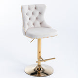NNEDSZ 2x Height Adjustable Swivel Bar Stool Velvet Studs Barstool with Footrest and Golden Base- Beige