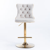 NNEDSZ 2x Height Adjustable Swivel Bar Stool Velvet Studs Barstool with Footrest and Golden Base- Beige