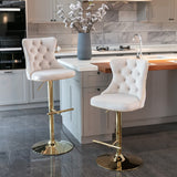 NNEDSZ 2x Height Adjustable Swivel Bar Stool Velvet Studs Barstool with Footrest and Golden Base- Beige