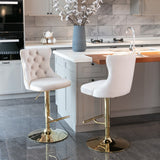 NNEDSZ 2x Height Adjustable Swivel Bar Stool Velvet Studs Barstool with Footrest and Golden Base- Beige