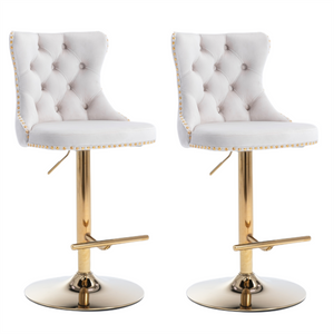 NNEDSZ 2x Height Adjustable Swivel Bar Stool Velvet Studs Barstool with Footrest and Golden Base- Beige