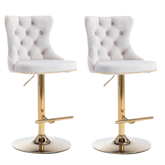 NNEDSZ 2x Height Adjustable Swivel Bar Stool Velvet Studs Barstool with Footrest and Golden Base- Beige