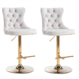 NNEDSZ 2x Height Adjustable Swivel Bar Stool Velvet Studs Barstool with Footrest and Golden Base- Beige
