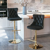 NNEDSZ 2x Height Adjustable Swivel Bar Stool Velvet Studs Barstool with Footrest and Golden Base- Black