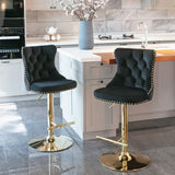 NNEDSZ 2x Height Adjustable Swivel Bar Stool Velvet Studs Barstool with Footrest and Golden Base- Black