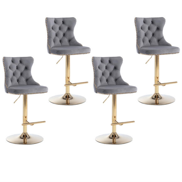 NNEDSZ 4x Height Adjustable Swivel Bar Stool Velvet Studs Barstool with Footrest and Golden Base- Grey