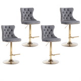 NNEDSZ 4x Height Adjustable Swivel Bar Stool Velvet Studs Barstool with Footrest and Golden Base- Grey