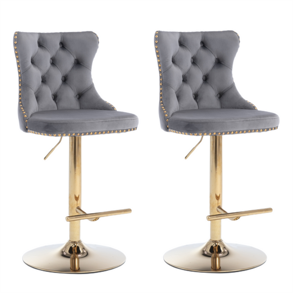 NNEDSZ 2x Height Adjustable Swivel Bar Stool Velvet Studs Barstool with Footrest and Golden Base- Grey