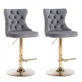 NNEDSZ 2x Height Adjustable Swivel Bar Stool Velvet Studs Barstool with Footrest and Golden Base- Grey