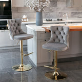 NNEDSZ 2x Height Adjustable Swivel Bar Stool Velvet Studs Barstool with Footrest and Golden Base- Grey
