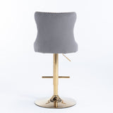NNEDSZ 2x Height Adjustable Swivel Bar Stool Velvet Studs Barstool with Footrest and Golden Base- Grey