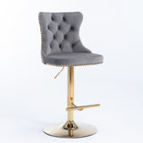 NNEDSZ 2x Height Adjustable Swivel Bar Stool Velvet Studs Barstool with Footrest and Golden Base- Grey