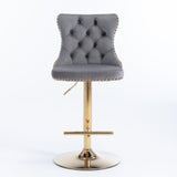 NNEDSZ 2x Height Adjustable Swivel Bar Stool Velvet Studs Barstool with Footrest and Golden Base- Grey