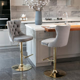 NNEDSZ 2x Height Adjustable Swivel Bar Stool Velvet Studs Barstool with Footrest and Golden Base- Grey