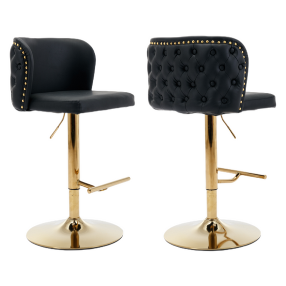 NNEDSZ 2x Faux Leather Golden Base Swivel Bar Stools- Black