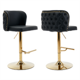 NNEDSZ 2x Faux Leather Golden Base Swivel Bar Stools- Black