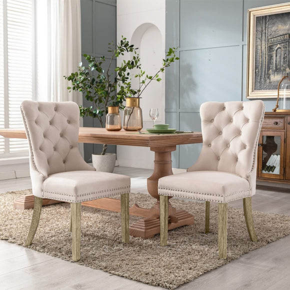 NNEDSZ 2x Velvet Dining Chairs Upholstered Tufted Kithcen Chair with Solid Wood Legs Stud Trim and Ring-Beige
