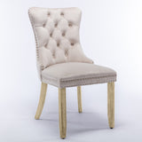 NNEDSZ 2x Velvet Dining Chairs Upholstered Tufted Kithcen Chair with Solid Wood Legs Stud Trim and Ring-Beige