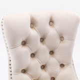 NNEDSZ 2x Velvet Dining Chairs Upholstered Tufted Kithcen Chair with Solid Wood Legs Stud Trim and Ring-Beige