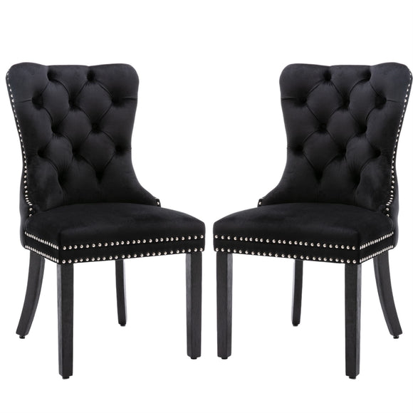 NNEDSZ 2x Velvet Dining Chairs Upholstered Tufted Kithcen Chair with Solid Wood Legs Stud Trim and Ring-Black