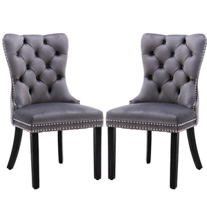 NNEDSZ 2x Velvet Dining Chairs Upholstered Tufted Kithcen Chair with Solid Wood Legs Stud Trim and Ring-Gray