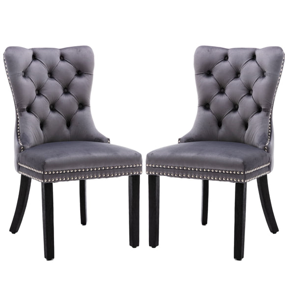 NNEDSZ 2x Velvet Dining Chairs Upholstered Tufted Kithcen Chair with Solid Wood Legs Stud Trim and Ring-Gray