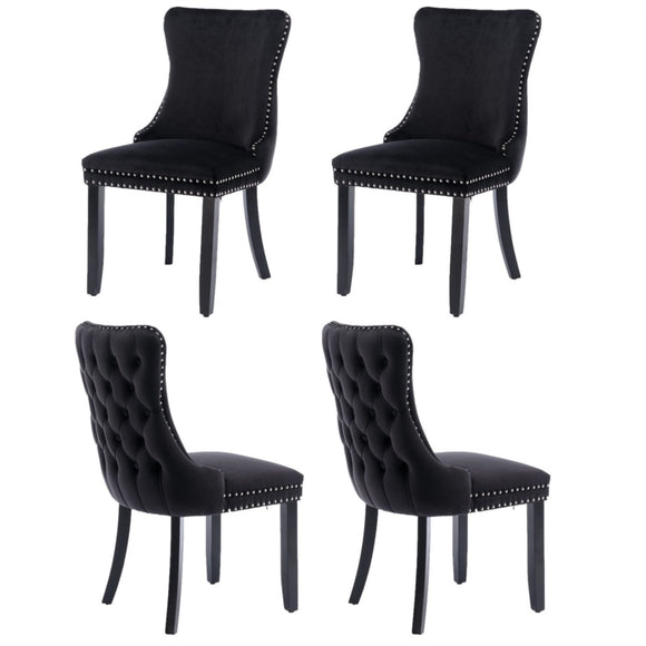 NNEDSZ 4x Velvet Upholstered Dining Chairs Tufted Wingback Side Chair with Studs Trim Solid Wood Legs for Kitchen