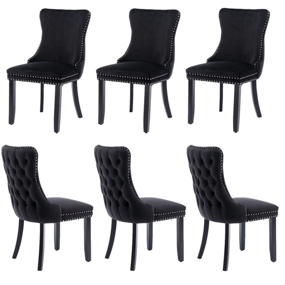 NNEDSZ 6x Velvet Upholstered Dining Chairs Tufted Wingback Side Chair with Studs Trim Solid Wood Legs for Kitchen
