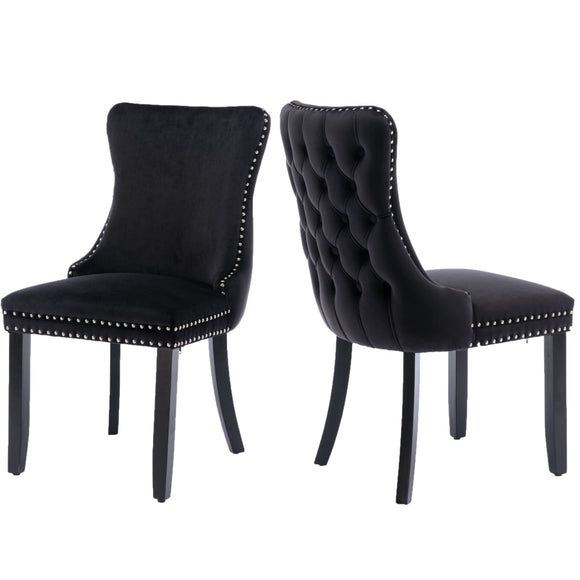 NNEDSZ 2x Velvet Upholstered Dining Chairs Tufted Wingback Side Chair with Studs Trim Solid Wood Legs for Kitchen