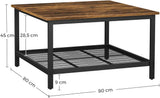NNEDSZ Coffee Table Square Cocktail Table with Spacious Table Top Robust Steel Frame and Mesh Storage Shelf Industrial Style for Living Room Rustic Brown and Black LCT065B01