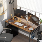 NNEDSZ Computer Desk Writing Desk with 8 Hooks Rustic Brown and Black LWD58X