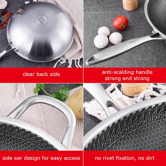 NNEDSZ 304 Stainless Steel Non-Stick Stir Fry Cooking Kitchen Wok Pan with Lid Honeycomb Single Sided