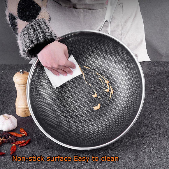 NNEDSZ 304 Stainless Steel Non-Stick Stir Fry Cooking Kitchen Wok Pan without Lid Honeycomb Single Sided