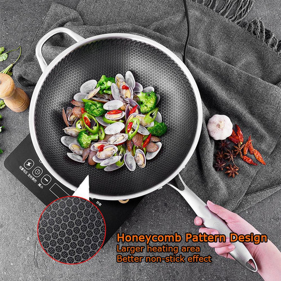NNEDSZ 304 Stainless Steel Non-Stick Stir Fry Cooking Kitchen Wok Pan with Lid Honeycomb Double Sided