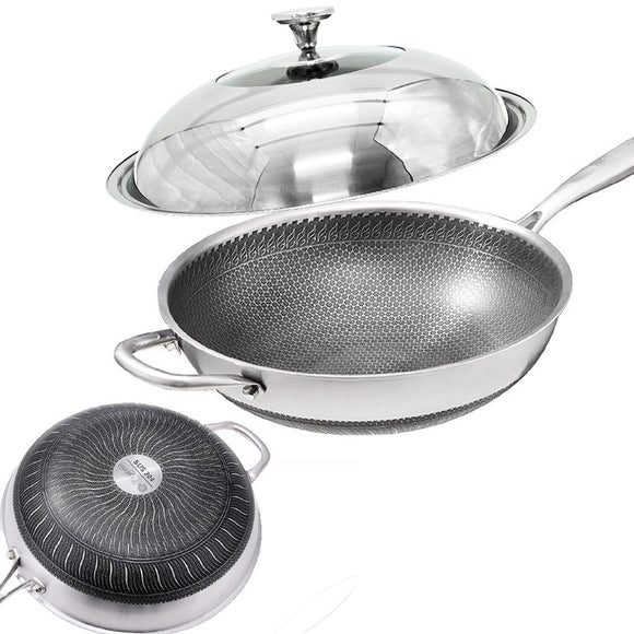 NNEDSZ 34cm Stainless Steel Non-Stick Stir Fry Cooking Kitchen Honeycomb Wok Pan with Lid