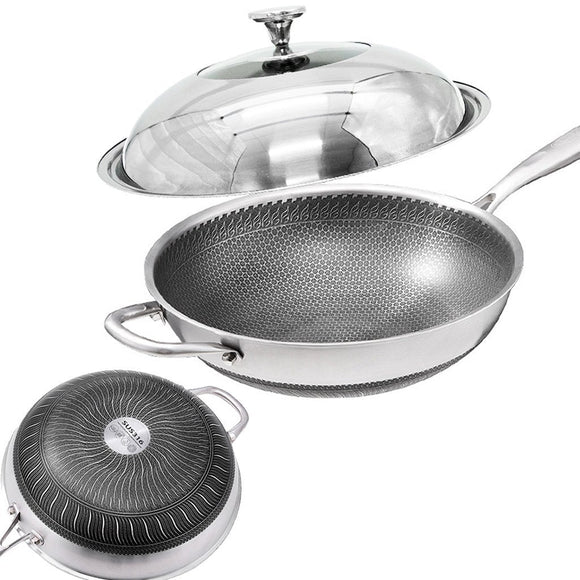 NNEDSZ 316 Stainless Steel Non-Stick Stir Fry Cooking Kitchen Wok Pan with Lid Honeycomb Double Sided